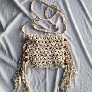 Sun N' Sand Beige Crochet Bag with Tassels Boho Festival